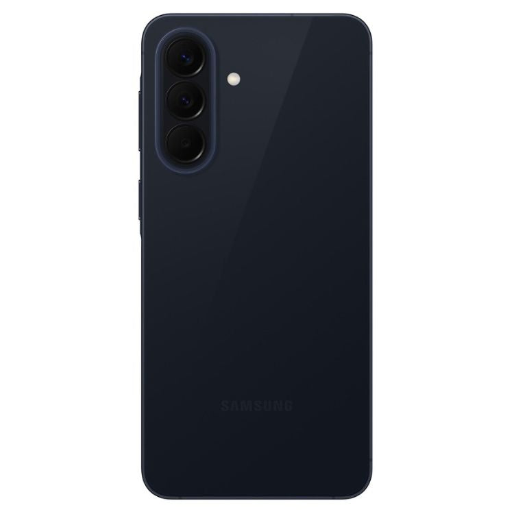 Samsung Galaxy A57 5G, azul escuro, 3 câmeras traseiras e marca Samsung na parte inferior.