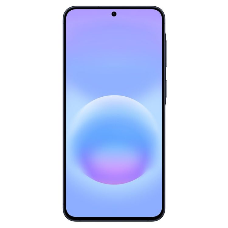 Smartphone Samsung Galaxy A57 5G, azul escuro, ecrã com imagem de esfera colorida.