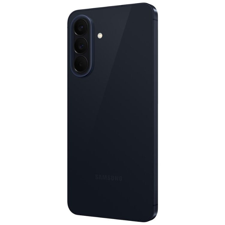 Samsung Galaxy A57 5G, azul escuro, 3 câmeras traseiras, logotipo Samsung na parte inferior.