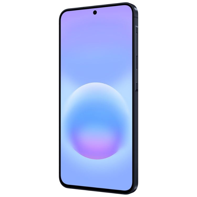 Samsung Galaxy A57 5G, smartphone azul escuro com ecrã de 5G e interface colorida.