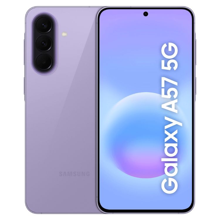 Samsung Galaxy A57 5G roxo, 8GB/128GB, câmara tripla, ecrã ligado.