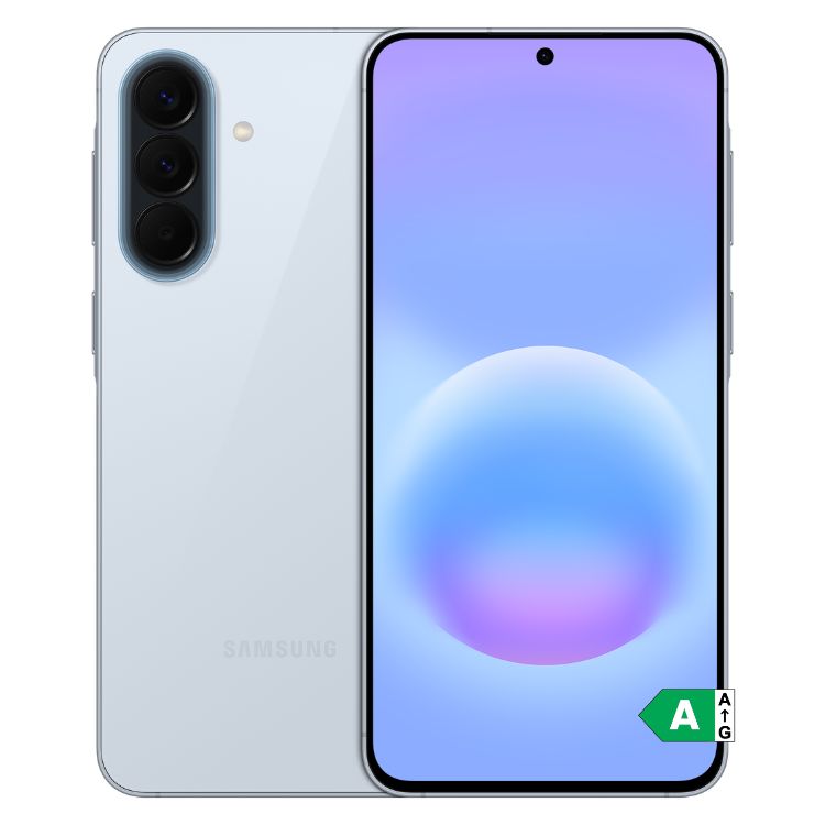 Samsung Galaxy A57 5G, azul claro, 8GB/128GB, dual sim, três câmeras traseiras e ecrã com imagem de esfera colorida.