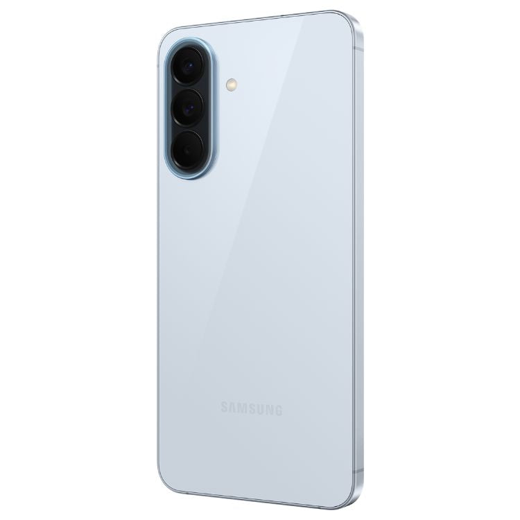 Samsung Galaxy A57 5G, azul claro, 3 câmeras traseiras verticais e marca Samsung na parte inferior.