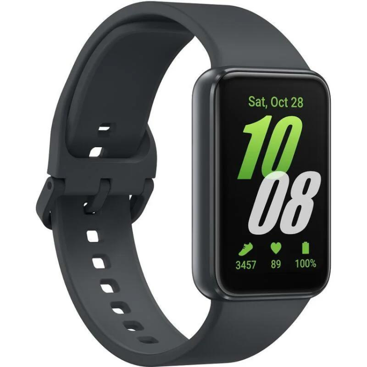 Smartband Samsung Galaxy Fit 3 40mm preta com pulseira de silicone e ecrã digital a mostrar data e informações de saúde.