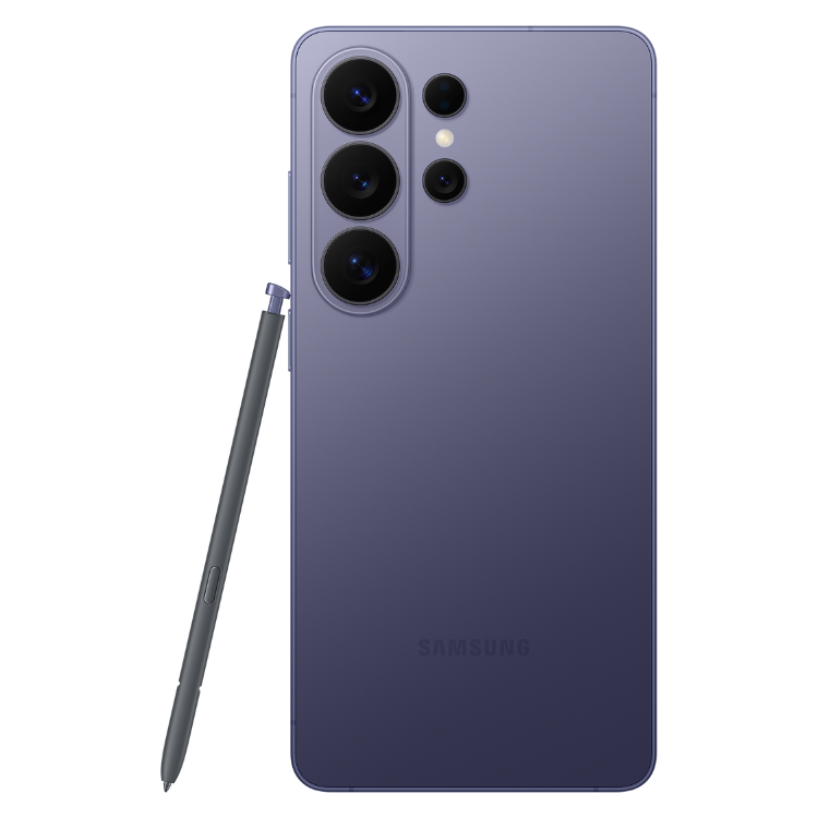 Samsung Galaxy S26 Ultra, violeta,  vista traseira com quatro câmeras e caneta stylus.