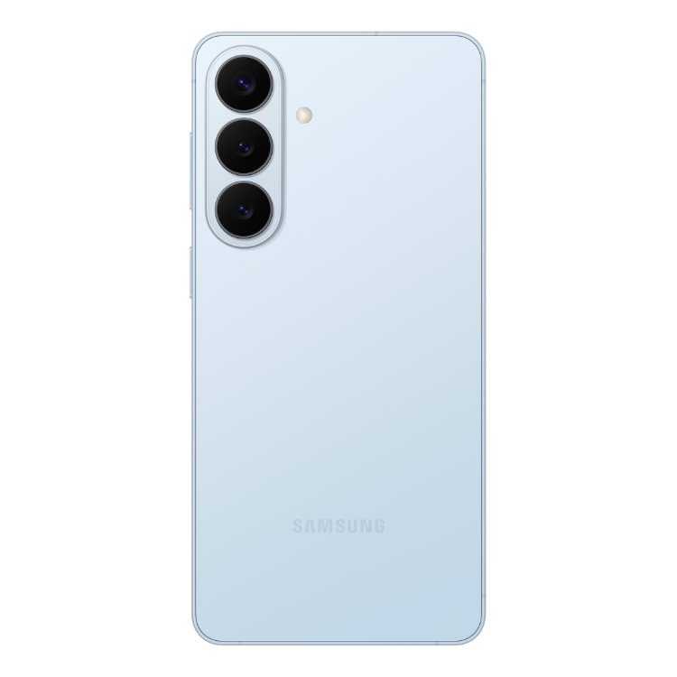 Samsung Galaxy S26, azul, 3 câmeras traseiras, marca Samsung na parte inferior.