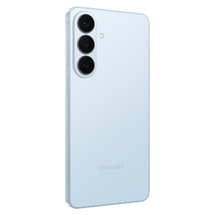 Samsung Galaxy S26+ azul, lado de trás com três câmeras verticais.