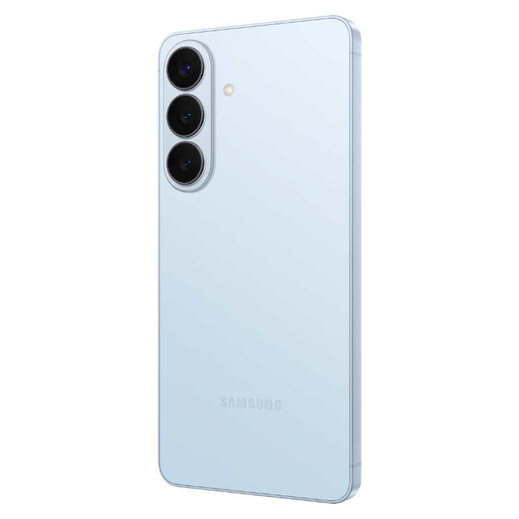 Samsung Galaxy S26+ azul, com três câmaras verticais e logotipo SAMSUNG na parte inferior.