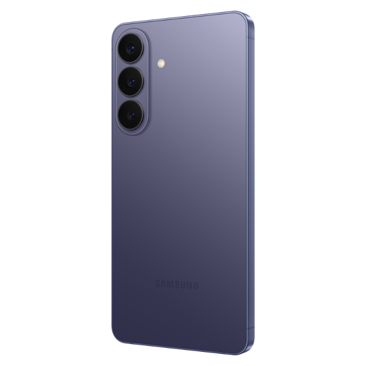 Samsung Galaxy S26+ violeta, smartphone com 3 câmeras traseiras e logotipo da marca, 5G.