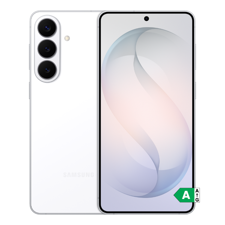 Samsung Galaxy S26+ branco, vista frontal e traseira, com três câmeras e ecrã ligado.