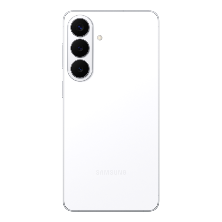 Samsung Galaxy S26+ branco, 3 câmeras traseiras verticais e marca SAMSUNG na parte inferior.