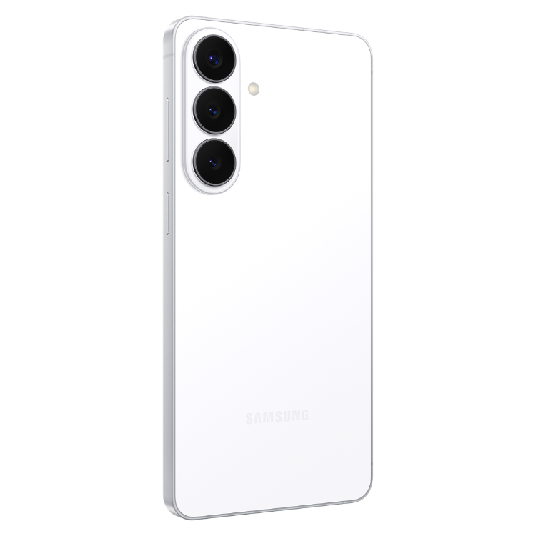 Samsung Galaxy S26+ branco, 3 câmeras traseiras verticais e marca Samsung na parte inferior.