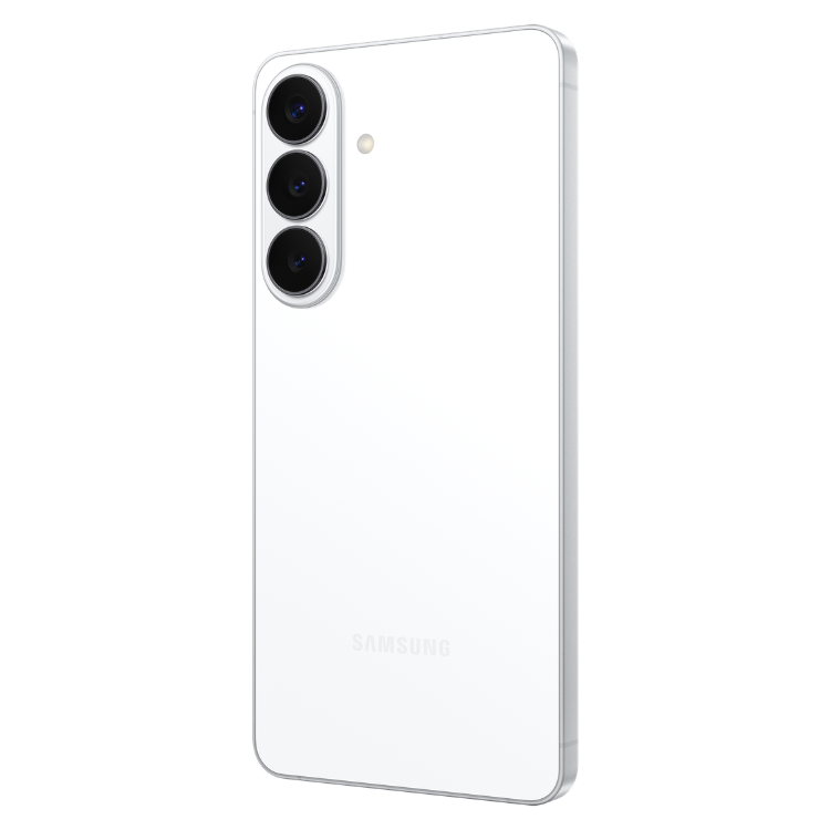 Samsung Galaxy S26+ branco, 3 câmeras traseiras verticais e marca Samsung na parte inferior.