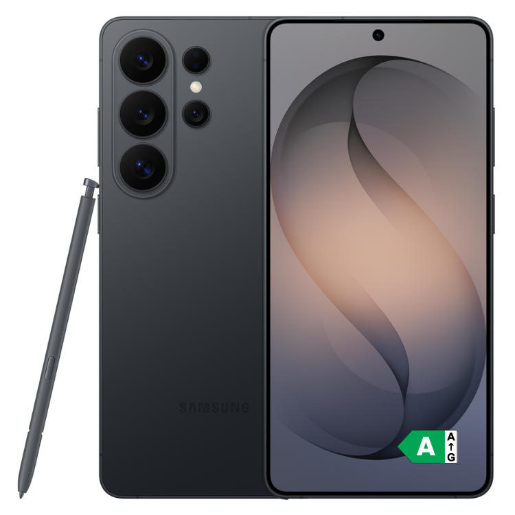 Samsung Galaxy S26 Ultra preto, com caneta stylus, câmaras quádruplas e ecrã ligado.