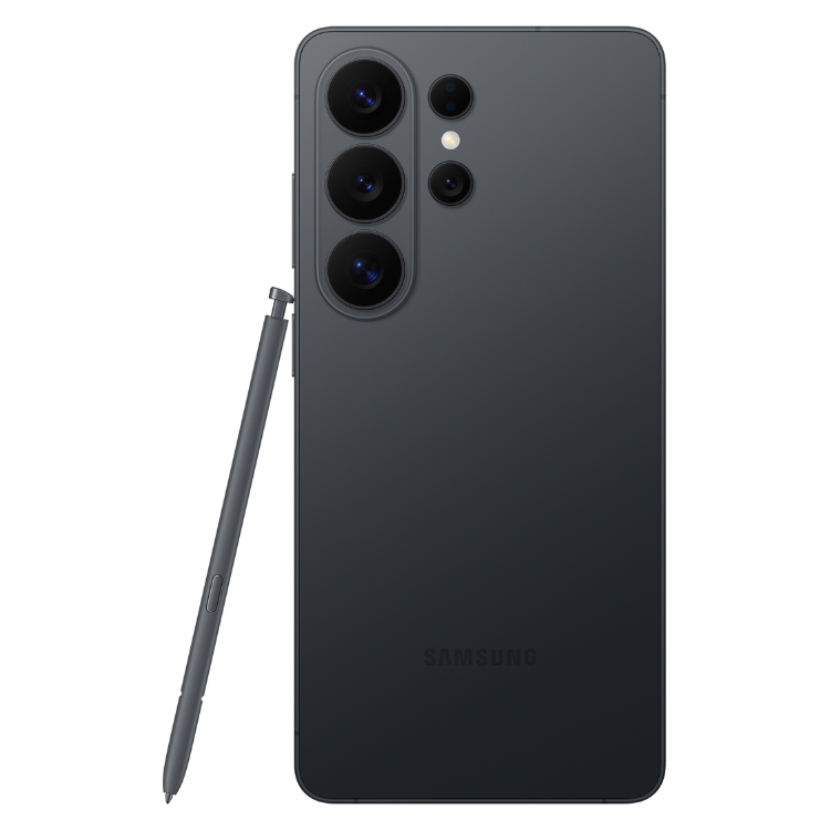 Samsung Galaxy S26 Ultra preto com caneta stylus, câmaras quádruplas na parte de trás.