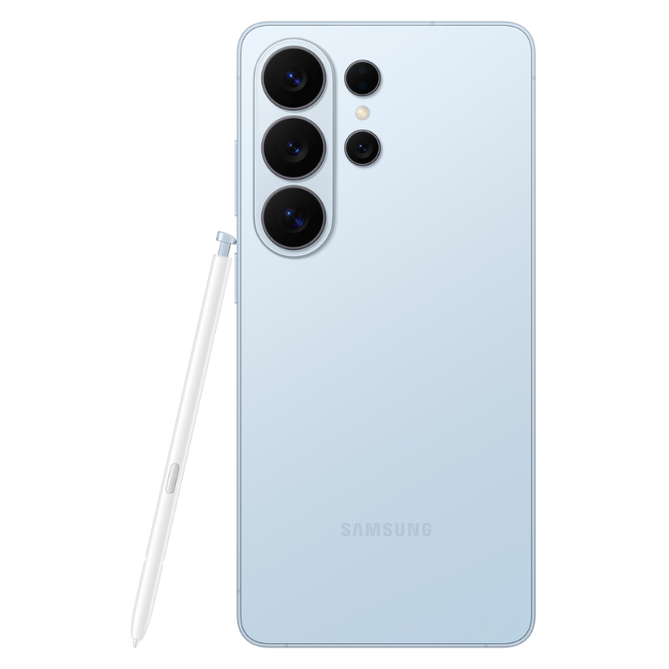 Samsung Galaxy S26 Ultra, azul, com caneta stylus, quatro câmeras na parte traseira.
