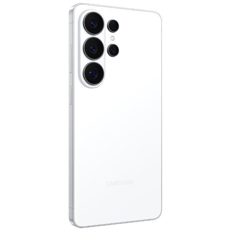 Samsung Galaxy S26 Ultra branco, 4 câmeras traseiras, logotipo da marca na parte inferior.
