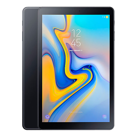 Tablet Samsung Galaxy Tab A 10.5 cinzento, ecrã multicolores com relógio.