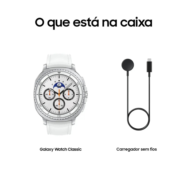Smartwatch Samsung Galaxy Watch Classic branco 46mm com pulseira branca e carregador sem fios.