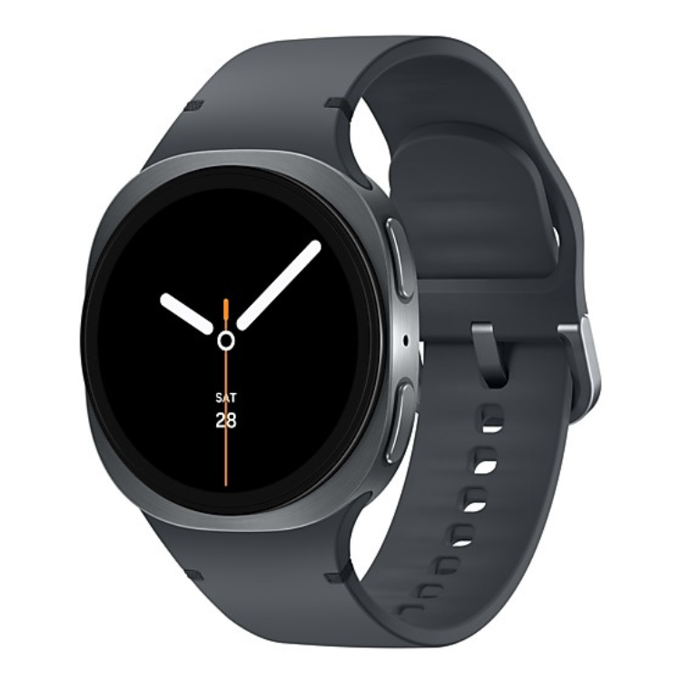 Smartwatch Samsung Galaxy Watch 8 cinzento 40mm com pulseira preta e ecrã preto com mostrador de relógio.