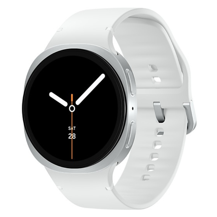Smartwatch Samsung Galaxy Watch 8, 40mm, prateado, com pulseira branca e ecrã preto.