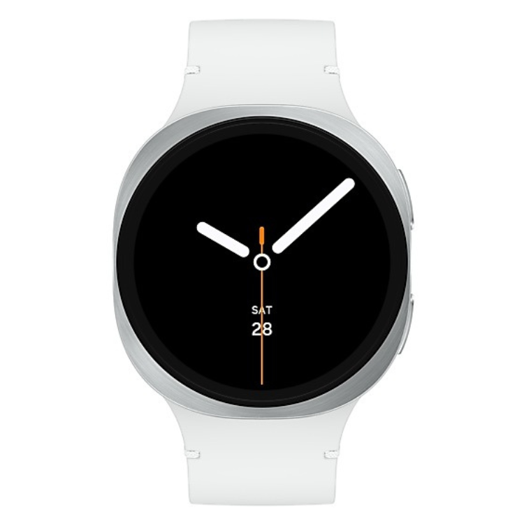 Relógio inteligente Samsung Galaxy Watch 8, 44mm, prateado, pulseira branca.