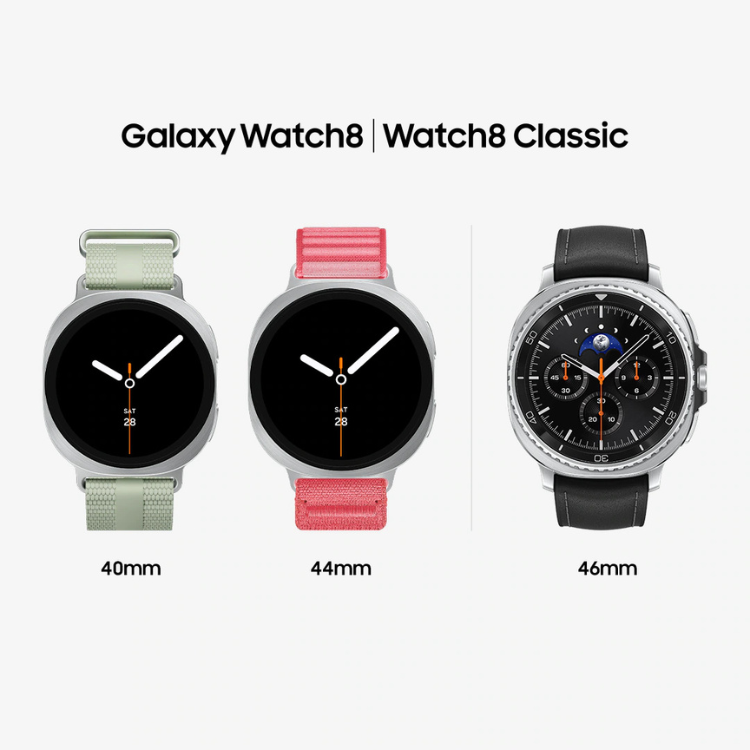 Smartwatch Samsung Galaxy Watch8 prateado 40mm com pulseira bege e rosa e Watch8 Classic preto 46mm.