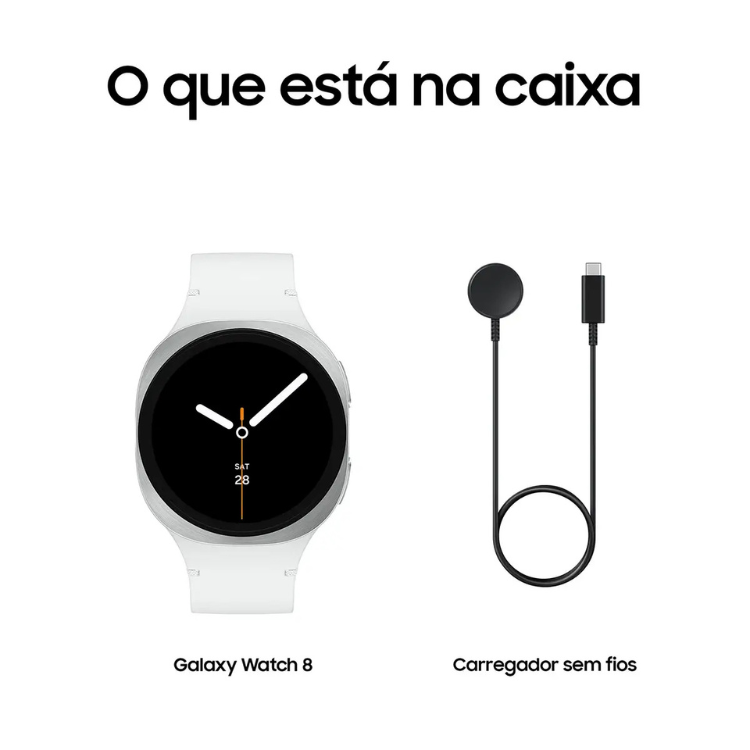 Relógio inteligente Samsung Galaxy Watch 8 prateado 44mm com pulseira branca e carregador sem fios.