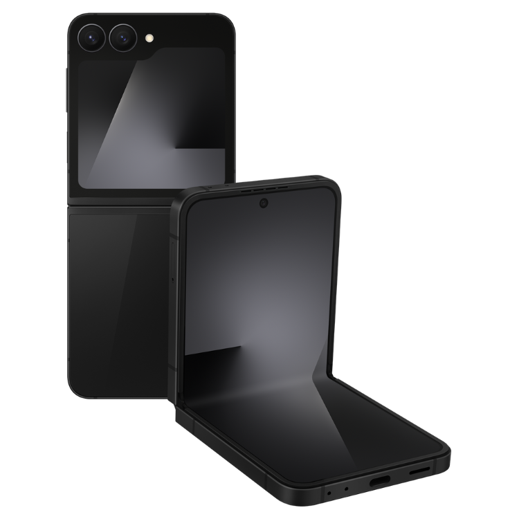 Samsung Galaxy Z Flip7 FE 5G preto, smartphone dobrável com ecrã amplo e câmaras duplas.