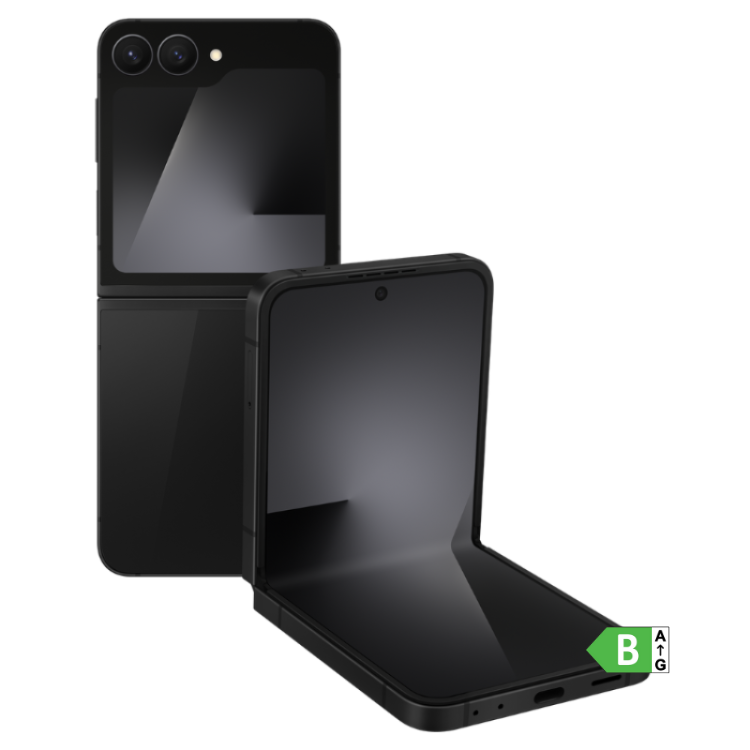Samsung Galaxy Z Flip7 FE 5G preto, smartphone dobrável com ecrã amplo e 8GB/128GB.
