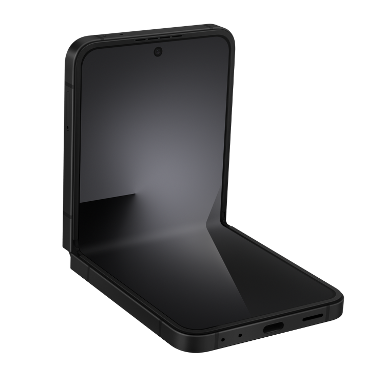 Samsung Galaxy Z Flip7 FE 5G preto, smartphone dobrável com ecrã amplo.