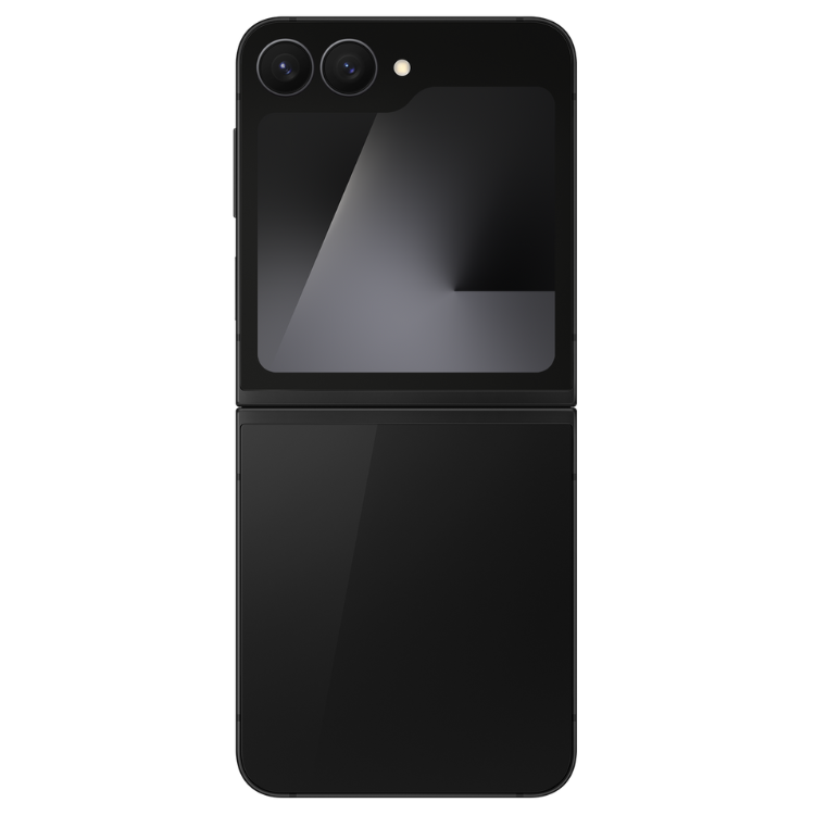 Samsung Galaxy Z Flip7 FE 5G preto, smartphone dobrável com ecrã 6.7 polegadas, câmaras duplas e flash.
