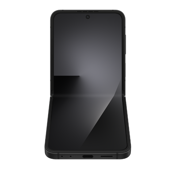 Samsung Galaxy Z Flip7 FE 5G preto, smartphone dobrável com ecrã amplo.