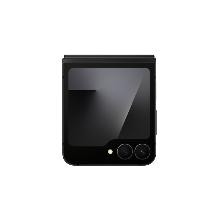 Samsung Galaxy Z Flip7 FE 5G preto, smartphone dobrável com ecrã amplo e duas câmaras.