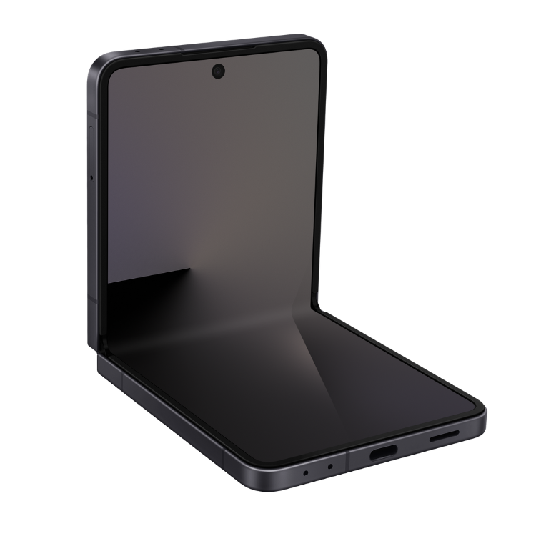Samsung Galaxy Z Flip7, smartphone dobrável preto, ecrã aberto.