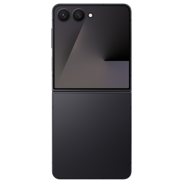 Samsung Galaxy Z Flip7, preto, smartphone dobrável com ecrã e duas câmaras.