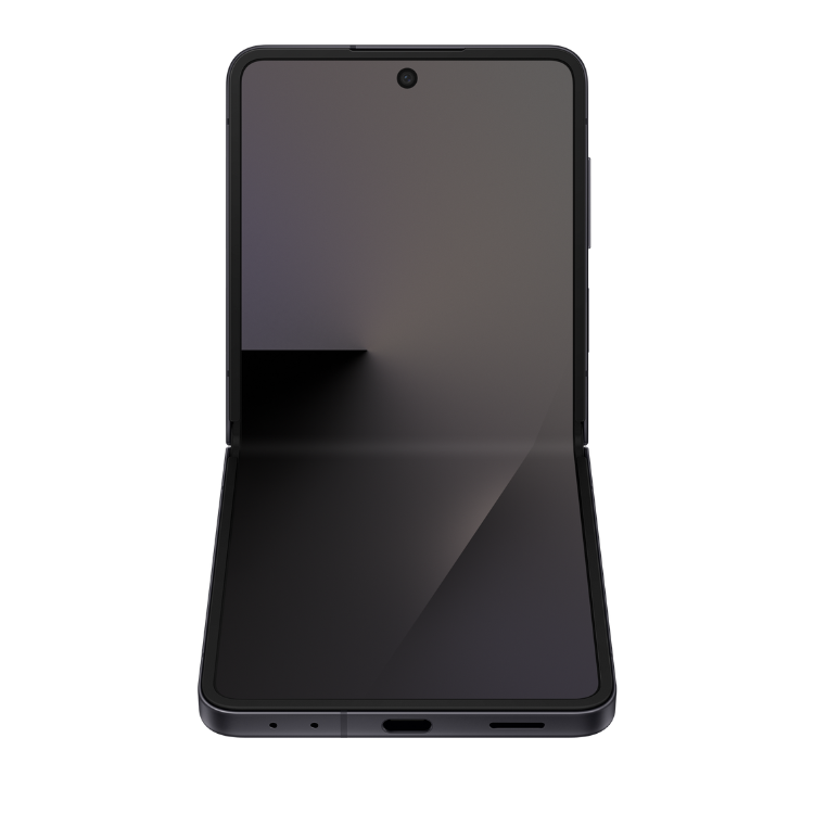 Samsung Galaxy Z Flip7, smartphone dobrável preto, aberto, ecrã principal amplo.