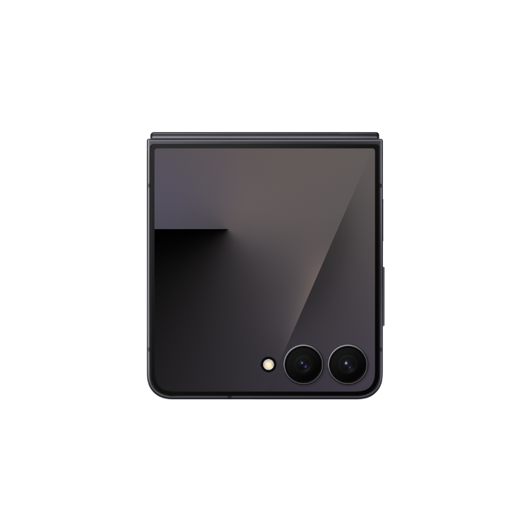 Samsung Galaxy Z Flip7, preto, smartphone dobrável com duas câmaras.