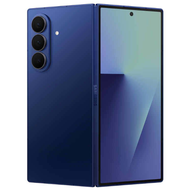 Samsung Galaxy Z Fold7, smartphone dobrável azul, 3 câmeras traseiras, marca Samsung na lateral.
