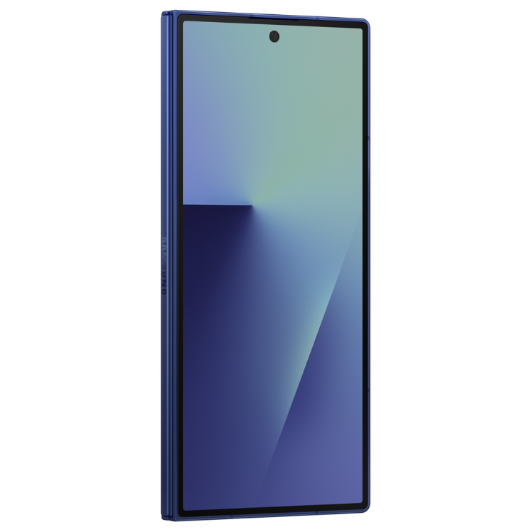 Samsung Galaxy Z Fold7, smartphone dobrável azul, ecrã activo.