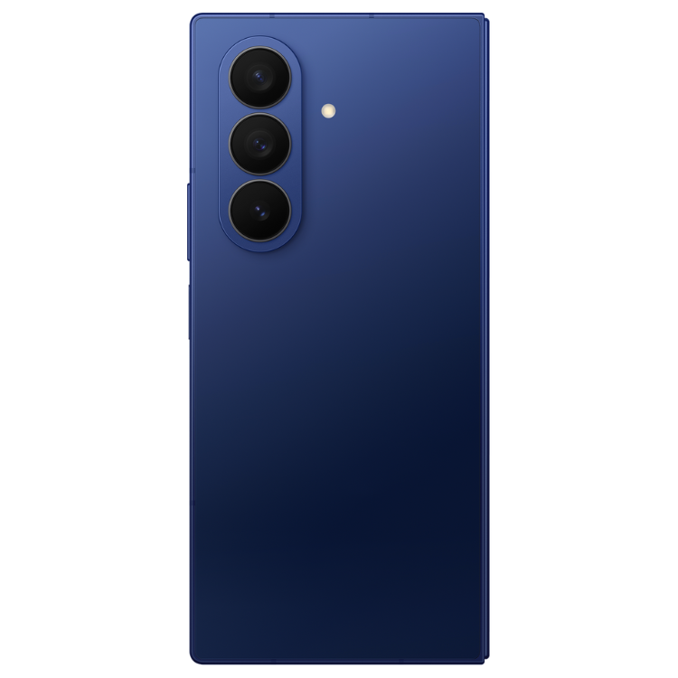 Samsung Galaxy Z Fold7, smartphone dobrável azul, 3 câmeras traseiras.