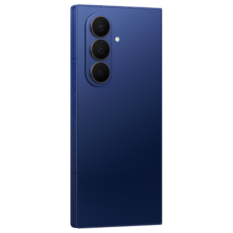 Samsung Galaxy Z Fold7, smartphone dobrável azul, 3 câmeras traseiras.