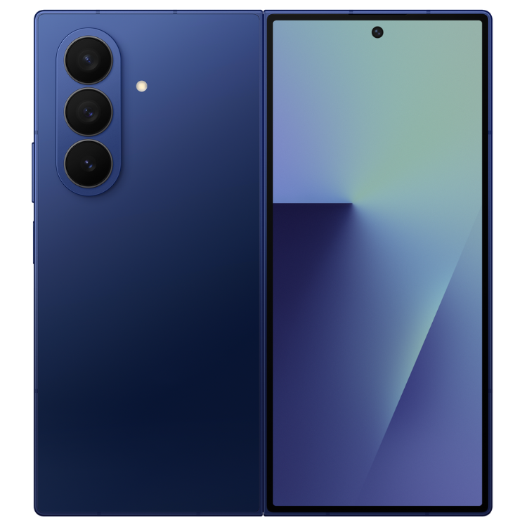 Samsung Galaxy Z Fold7, smartphone dobrável azul, 3 câmeras traseiras, ecrã aberto.
