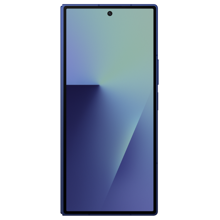 Smartphone Samsung Galaxy Z Fold7 azul, ecrã dobrável com fundo azul e verde.