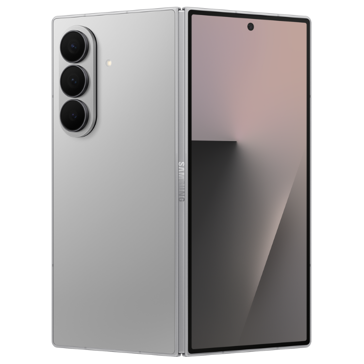 Samsung Galaxy Z Fold7 cinzento, smartphone dobrável com três câmaras e ecrã aberto.