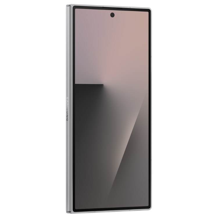 Samsung Galaxy Z Fold7, smartphone dobrável cinzento com ecrã preto e tons de rosa.