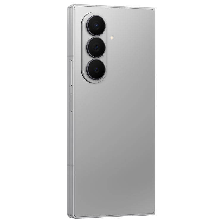 Samsung Galaxy Z Fold7, smartphone cinzento com três câmaras na parte superior esquerda.
