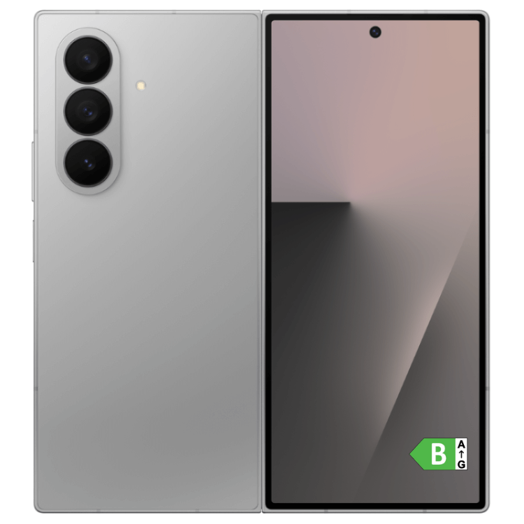 Samsung Galaxy Z Fold7 cinzento, smartphone dobrável com 3 câmaras e ecrã ligado.