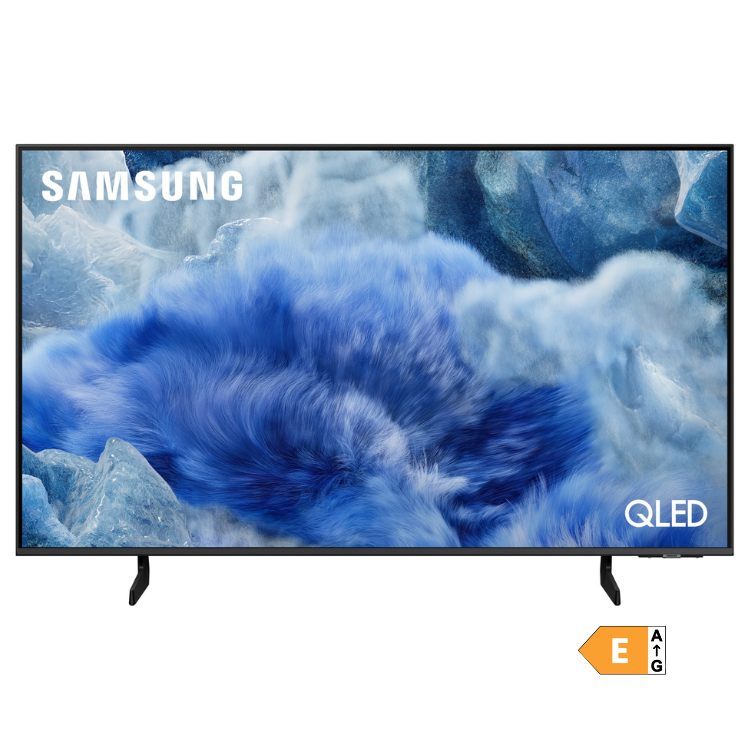 Televisão Samsung QLED 4K 65" azul com marca SAMSUNG e QLED, eficiência energética E.