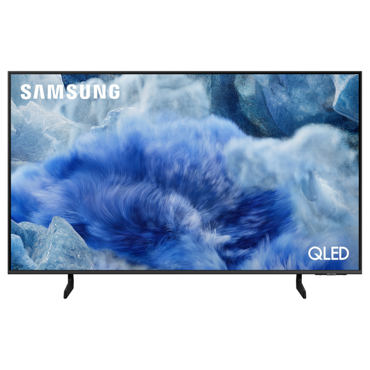 Televisão Samsung QLED 65" 4K, ecrã com imagem azul e marca SAMSUNG e QLED.